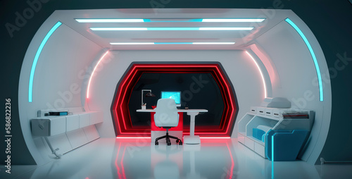 minimal room backdrop, home office inside minimal spaceship interior, white walls, a portal window that opens to space stars galaxy, lit with red and teal neon © Fernando