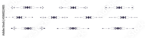 Moon Phases set with celestial border isolated on white background. Mystic esoteric symbol with moon and border. Astrology cycle eclipse. Vector design element.