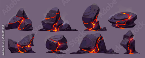 Lava rock with crack and light texture vector volcano set. Fire and magma in broken stone effect with glow game illustration. Black coal object construction for hell geology background.