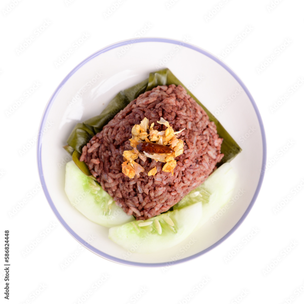 Northern Thai food (Khao Kan Chin or Khao Ngiao), Steamed rice mixed with pork blood in banana leaf Northern Thai food (Khao Kan Chin or Khao Ngiao), Steamed rice mixed with pork blood in banana leaf