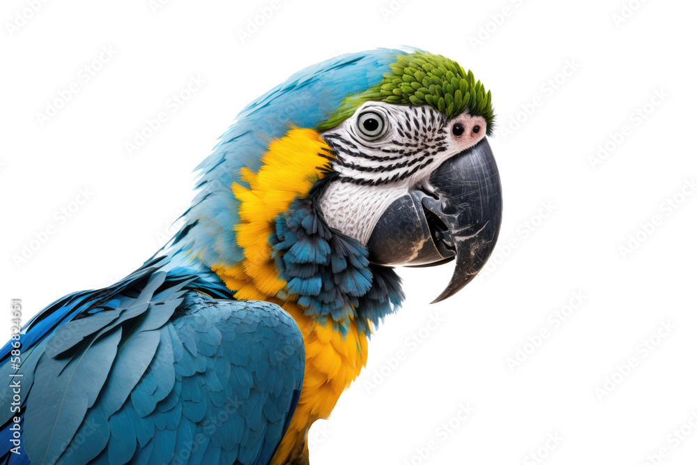a Blue and Gold Macaw portrait, cheeky and fun, in wildlife-themed, photorealistic illustrations on a transparent background cutout in PNG. Generative AI