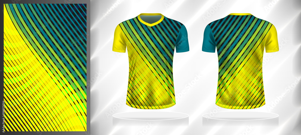 Vector sport pattern design template for V-neck T-shirt front and back with short sleeve view mockup. Yellow-blue-green-black color gradient abstract geometric line texture background illustration. Vector sport pattern design template for V-neck T-shirt front and back with short sleeve view mockup. Yellow-blue-green-black color gradient abstract geometric line texture background illustration.