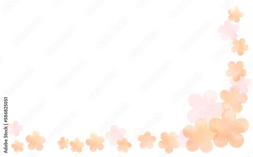 花柄シルエットのL字フレーム・オレンジ 春-夏イメージ-ふんわり水彩画テクスチャ イラスト素材 差分有