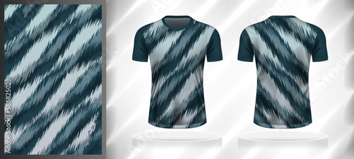 Vector sport pattern design template for V-neck T-shirt front and back with short sleeve view mockup. Dark and light shades of grey-green color abstract texture background illustration.