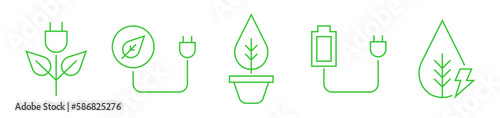 Green renewable energy outline icons design collection set. Electric clean power symbol.