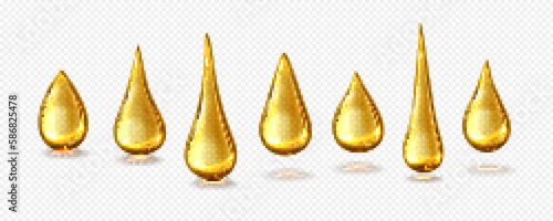 Gold honey drop icon on transparent background. Isolated yellow olive oil droplet vector realistic illustration. Golden falling skincare argan cosmetic, nature essence extract translucent clipart set.