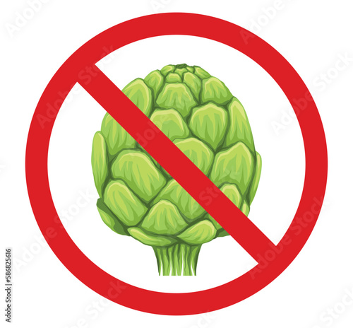 Vector forbidden sign with hand drawn artichokes isolated from background. Allergy danger. Prohibited sticker with head of cabbage healthy vegetables.