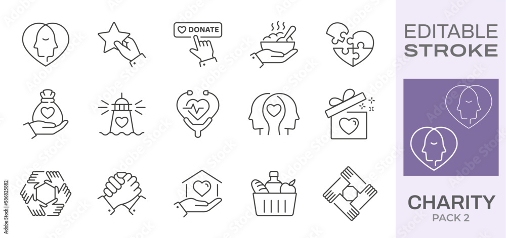 Charity icon set. Collection of donate, volunteer, medical aid, empathy and more. Black vector illustration. Editable stroke.