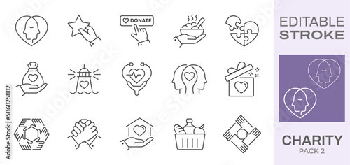 Charity icon set. Collection of donate, volunteer, medical aid, empathy and more. Black vector illustration. Editable stroke.