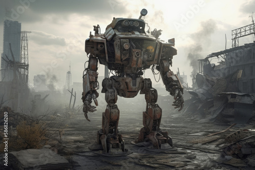 Robot in apocalyptic landscape