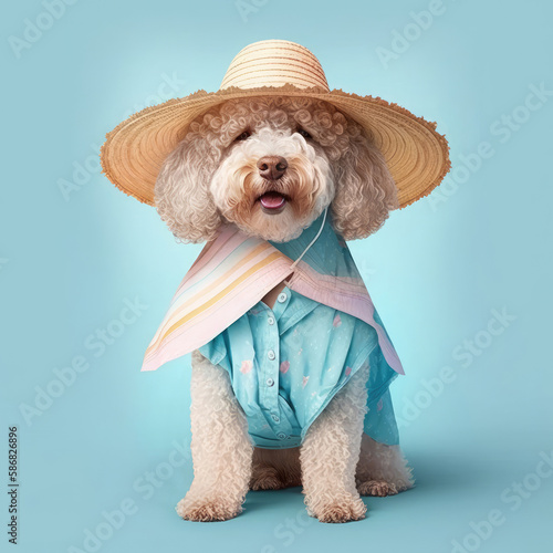 Cockapoo dog summer attire costume. Cockapoodle dog in cute pose wearing summer clothing for studio shoot. Generative AI.
 photo