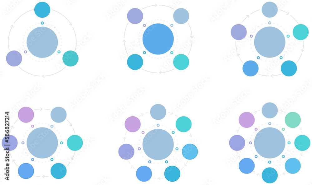 Circle diagram templates set - 3, 4, 5, 6, 7 and 8 elements, circle infographics