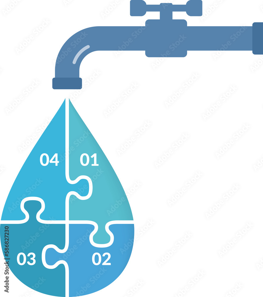Water drop divided on four puzzle pieces with numbers and text, water infographics Water drop divided on four puzzle pieces with numbers and text, water infographics