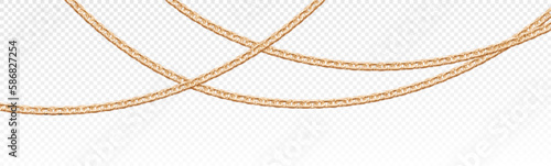 Realistic isolated gold vector jewelry chain set. 3d golden crossing metal jewellery object border decoration. Luxury stripe image design of yellow chunky link line on transparent background.