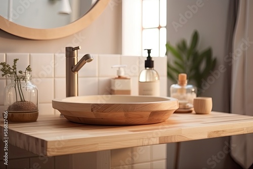 modern bathroom sink with a stylish wooden bowl on top. Generative AI