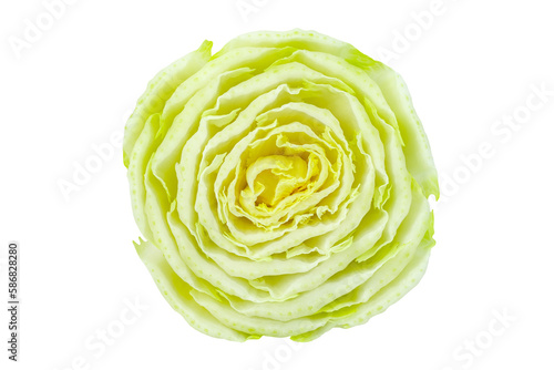 Peking cabbage, cut off bottom part, top view, isolated on white background with clipping path
