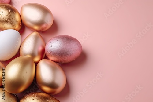 stack of white and gold eggs on a pastel pink background. Generative AI