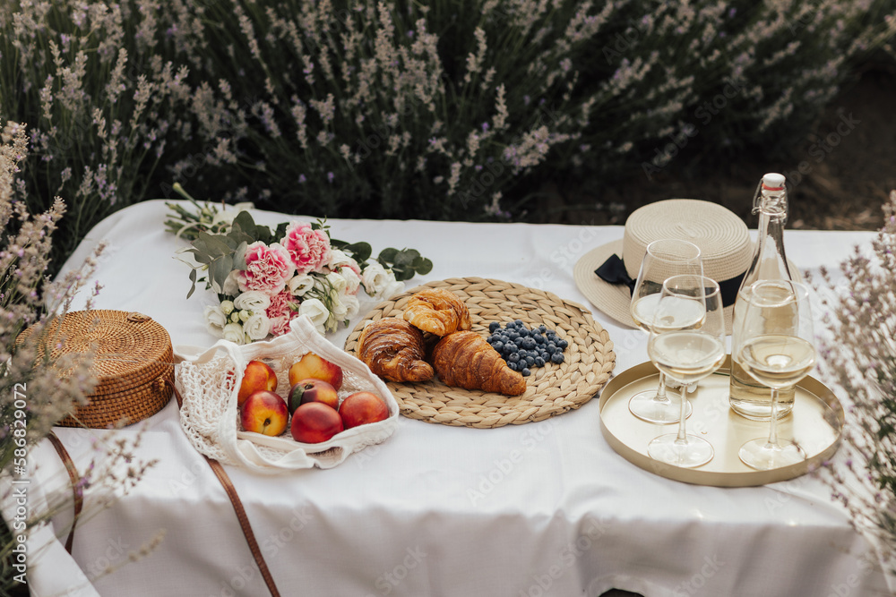 Picnic in lavender field with wine, berries and croissants. Romantic picnic in lavender field.