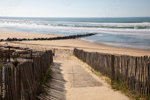 Sandy ocean path way access to sand beach sea with wooden fence in summer day