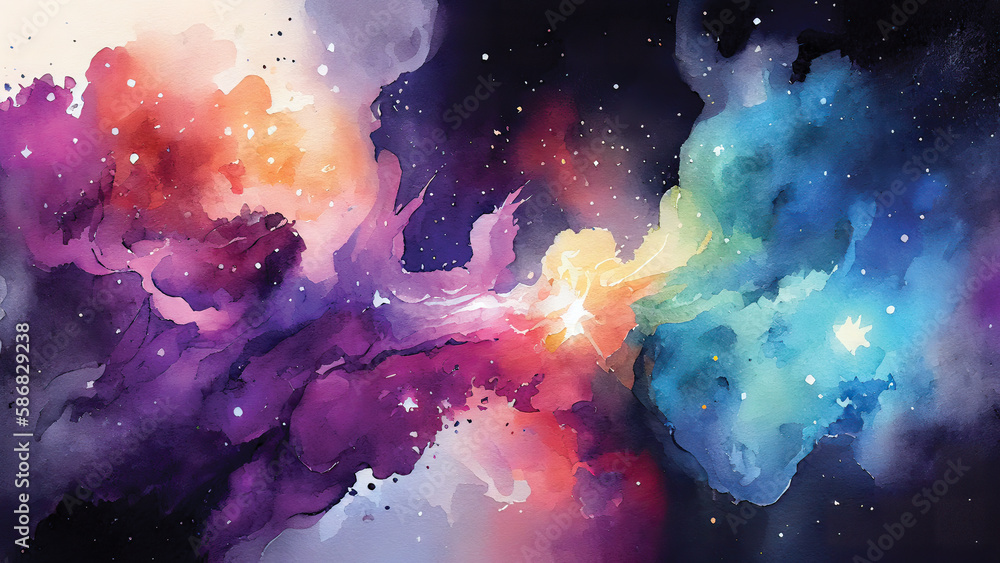 Galaxy landscape full of colorful watercolor stars AI Generated