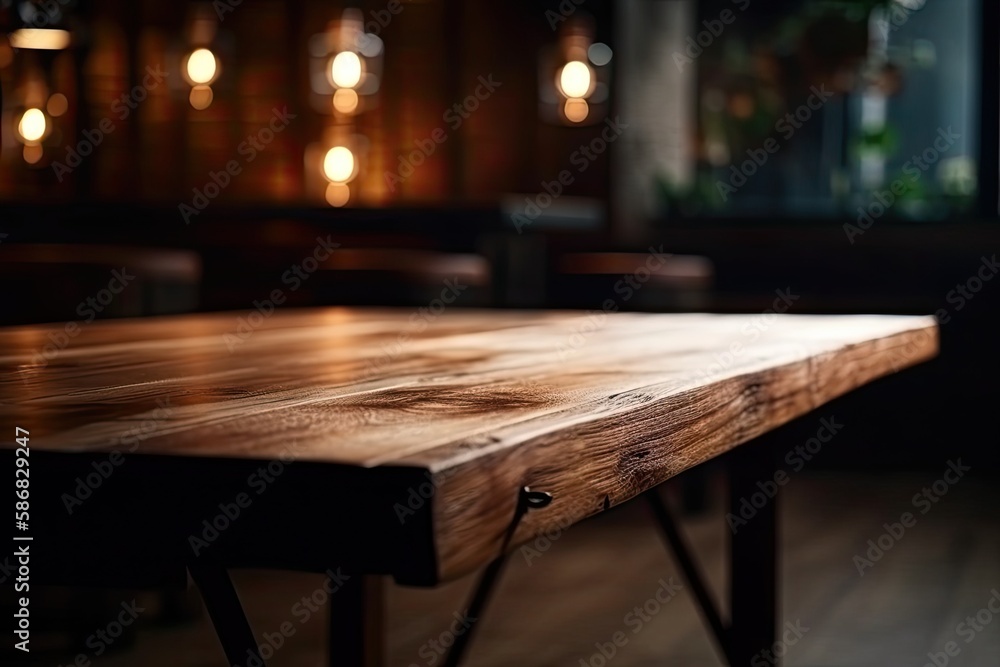 wooden table in a dimly lit room with glowing lights. Generative AI wooden table in a dimly lit room with glowing lights. Generative AI