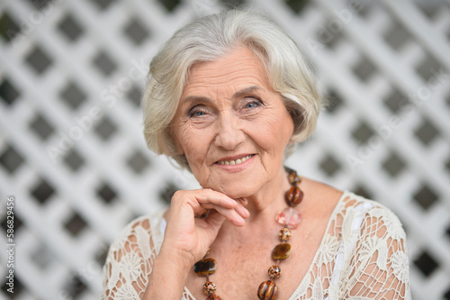 beautiful woman against the background of the trellis photo