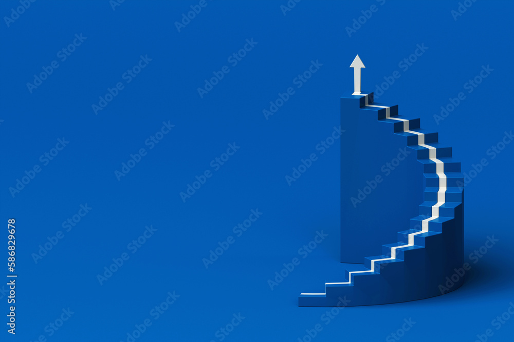 White arrow following the spiral staircase of growth on blue background, 3D arrow climbing up over spiral staircase, 3d stairs with arrow going upward, 3d rendering - obrazy, fototapety, plakaty 