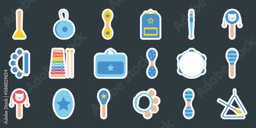 Hand drawn toy musical instruments for kids. Flat vector illustration for stickers