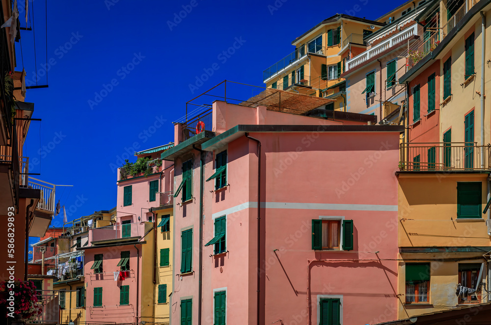 Traditional colorful houses on a hillside in Riomaggiore, Cinque Terre, Italy