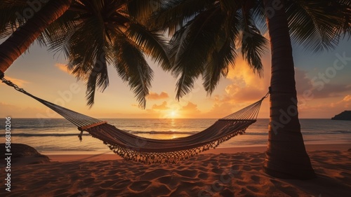 A tropical beach at sunset with a hammock under a palm tree. Generative AI © _veiksme_