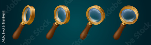 Magnifying glass icons. 3d loupe, tool for zoom, search and focus. Game object symbol of magnifier in gold frame with transparent lens, vector cartoon illustration