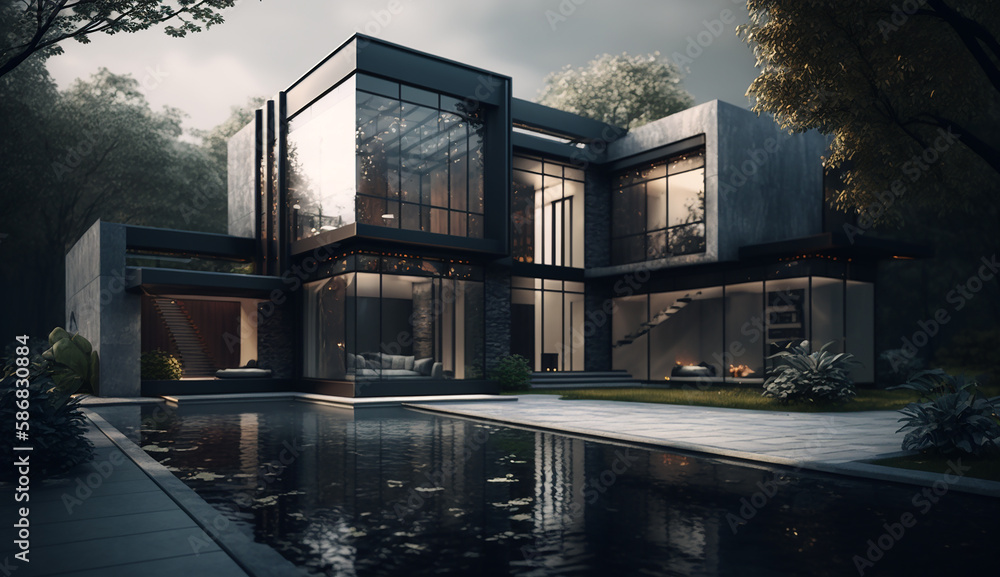 Upscale modern mansion with pool, Generative AI Upscale modern mansion with pool, Generative AI