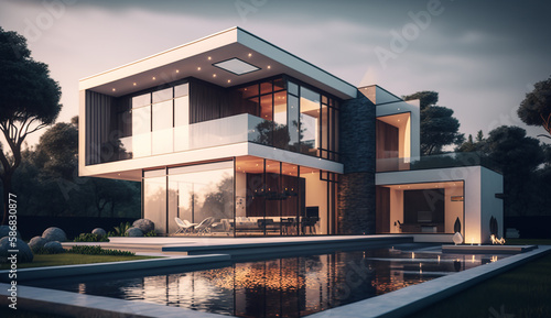 Upscale modern mansion with pool, Generative AI © fahmy