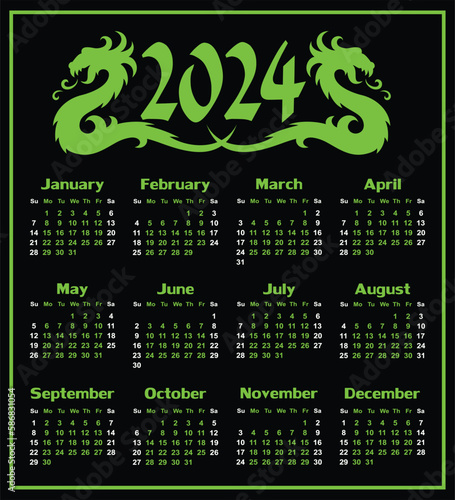 A color calendar template for a year 2024 with green dragons.