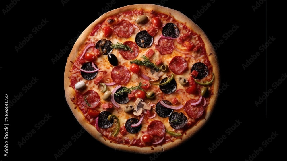 Slice of Pizza in dark background with space for text, mockup illustration with Generative AI Slice of Pizza in dark background with space for text, mockup illustration with Generative AI