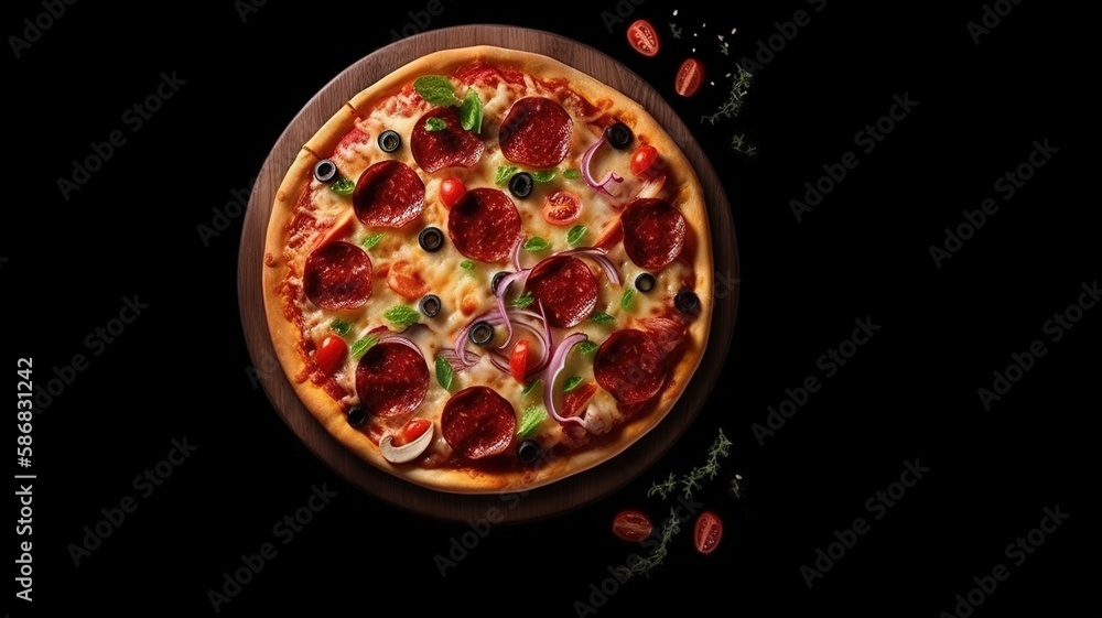 Slice of Pizza in dark background with space for text, mockup illustration with Generative AI