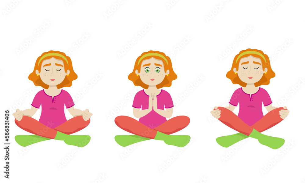 Woman doing yoga in different poses. Female character in cartoon style.