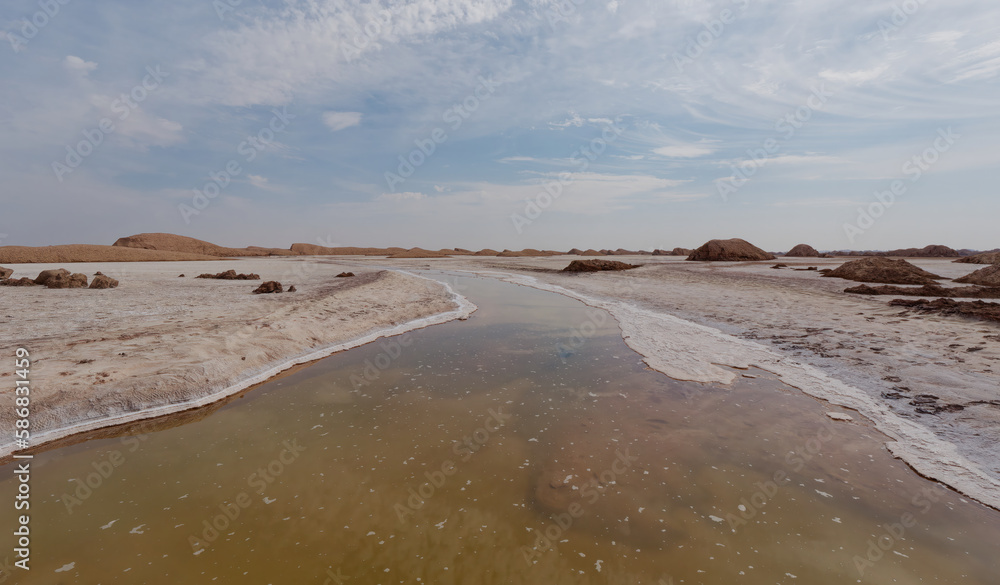 Low-angle view of the Kalshour River or Shor river (salty river) in Lut Desert, Kerman Province, Iran