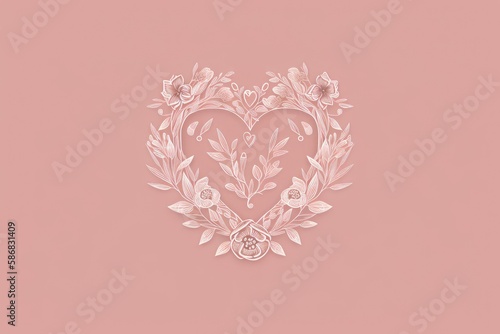 heart-shaped floral frame on a pink background. Generative AI