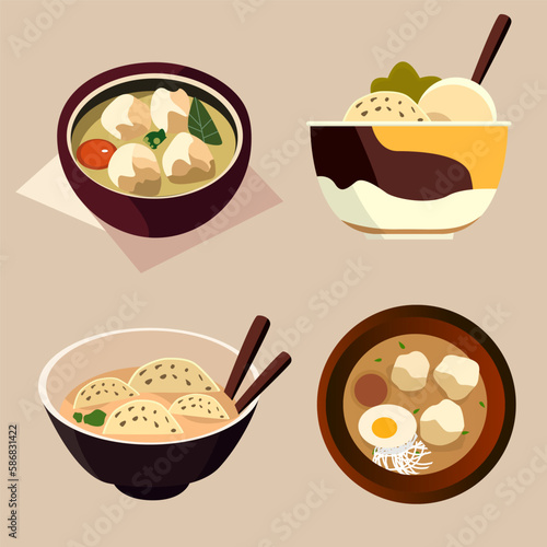 A cartoon of four bakso food traditional indonesian food
