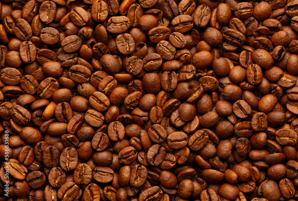 Fototapeta premium Freshly roasted coffee beans background. Top view.