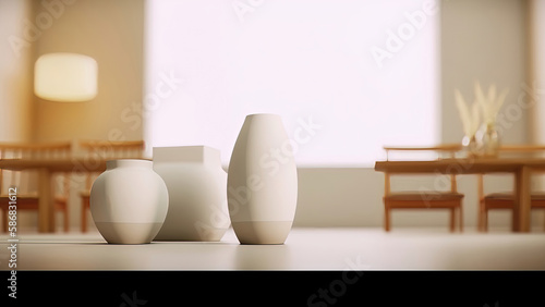 An abstract composition featuring a collection of ceramic vases in two-tone colors  arranged in an artistic display  photorealistic illustration  Generative AI