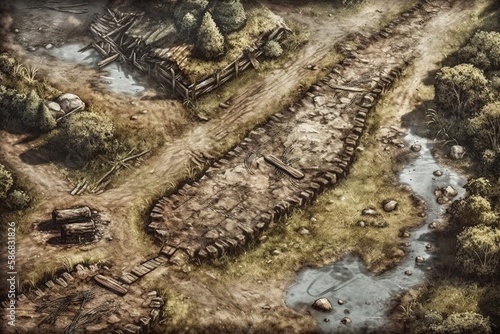 Muddy battlefield map with trench illustration with Generative AI © YandiDesigns