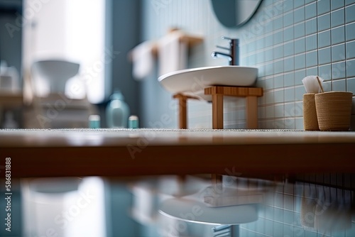 modern bathroom with a sleek sink and a large mirror. Generative AI