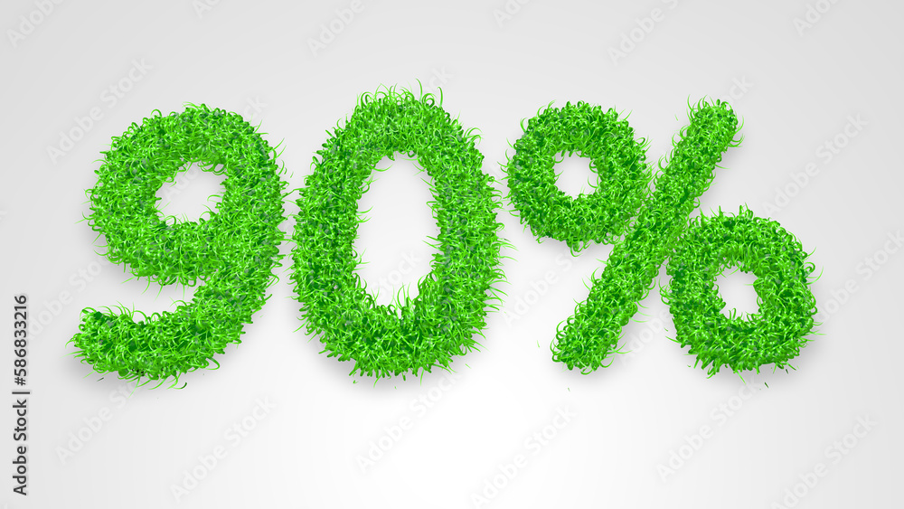 90 percent written with 3D green grass on white background. Concept illustration of 90 percent price discount. Seasonal sale. Banner for advertising. 90 percent written with 3D green grass on white background. Concept illustration of 90 percent price discount. Seasonal sale. Banner for advertising.