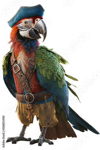 a pirate-themed photographic illustration of a red and green macaw parrot with a pirate hat and outfit transparent background in PNG. T-shirt design. Generative AI