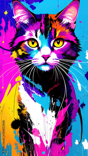 Cat with abstract beauty, looking at the camera, psychedelic colors, dynamic, highly detailed, digital painting, smooth, sharp focus, illustration Generative AI © Evolved Design
