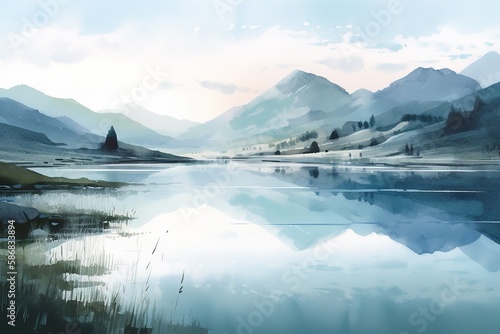 Peaceful watercolor mountain lake painting background illustration with Generative AI