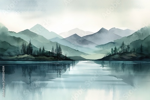 Peaceful watercolor mountain lake painting background illustration with Generative AI © YandiDesigns