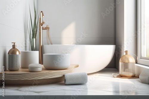 modern bathroom with a freestanding bathtub  an elegant sink  and natural light from a large window. Generative AI